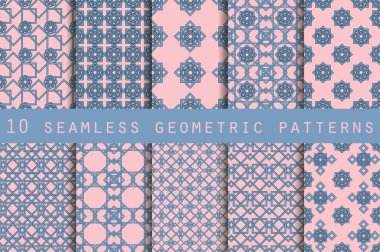 10 geometrik dikişsiz desen kümesi. Gül kuvars ve dinginlik mor renkler. Duvar kağıdı, fayans, kumaş ve tasarımlar için desen. Vektör.