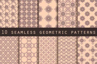 10 geometrik seamless modeli kümesi. Duvar kağıdı, çini, kumaşlar ve tasarımlar için şablon. Vektör.