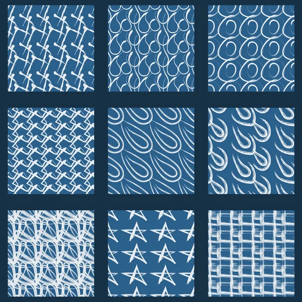 Motifs sans couture dessinés à la main. Bleu et blanc. Ensemble vectoriel de motifs sans couture . — Image vectorielle