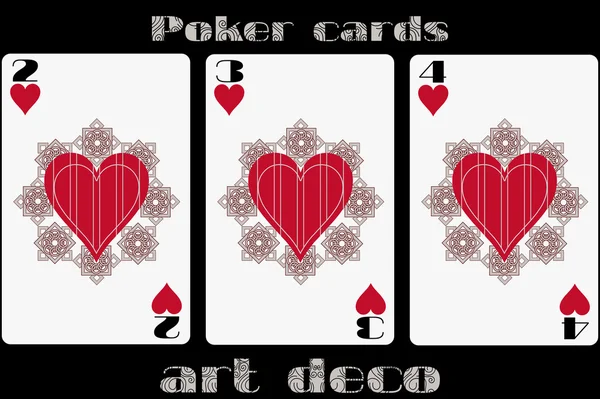 Cartas de poker. Dois corações. Três corações. 4 coração. Cartões de poker no estilo art deco. Cartão de tamanho padrão . — Vetor de Stock