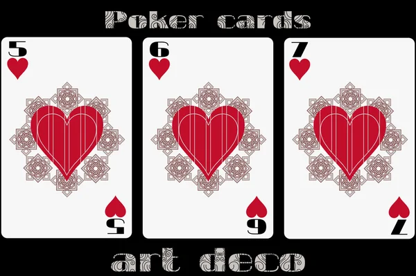 Póker játékkártya. 5 szíve. 6 szíve. 7 szív. Póker kártya Art Deco stílusban. Standard méretű kártya. — Stock Vector