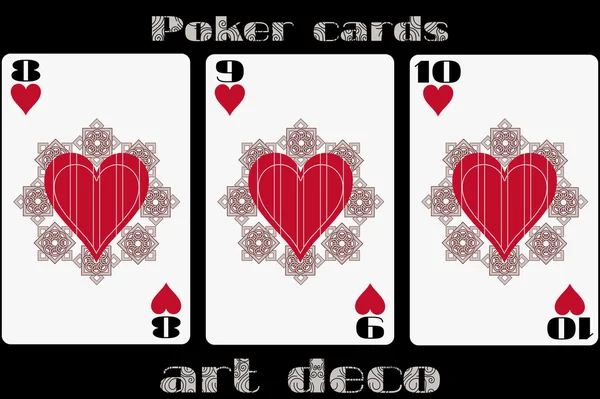 Cartas de poker. 8 coração. 9 coração. Dez corações. Cartões de poker no estilo art deco. Cartão de tamanho padrão . — Vetor de Stock