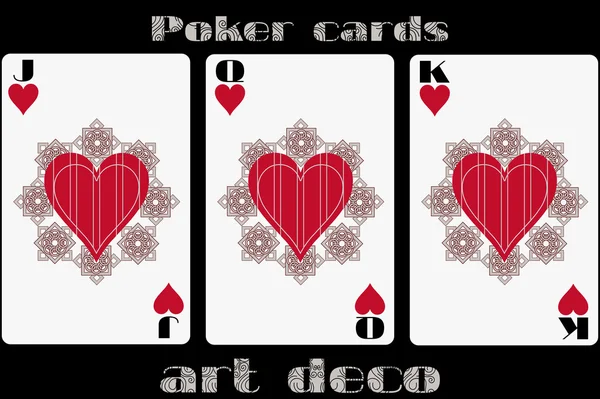 Poker oyun kartı. Jack'in kalbi. Kraliçe nin kalbi. Kral kalp. Art deco tarzında poker kartları. Standart boyut kartı. — Stok Vektör