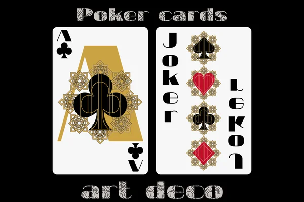 Cartas de poker. Clubes Ás. Brincalhão. Cartões de poker no estilo art deco. Cartão de tamanho padrão . — Vetor de Stock