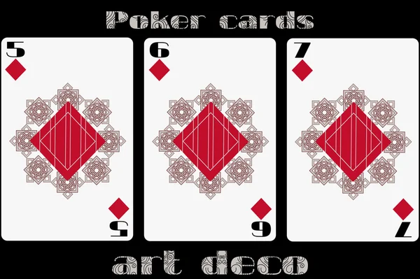 Покер грає в карти. 5 діамантів. 6 діамантів. 7 діамантів. Покерні картки в стилі арт-деко. Стандартна карта розміру . — стоковий вектор