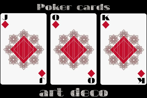 Póker kártya lejátszása. Jack gyémánt. Királynő gyémánt. King diamond. Póker kártya, az art deco stílusú. Szabványos méretű kártya. — Stock Vector