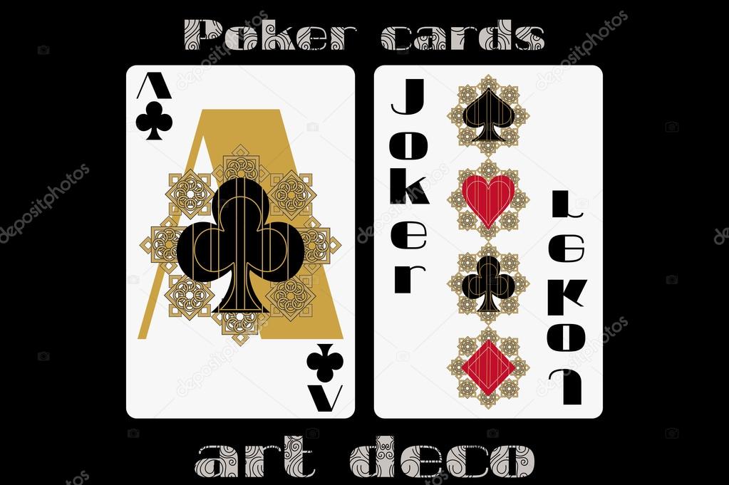 Poker playing card. Ace clubs. Joker. Poker cards in the art deco style