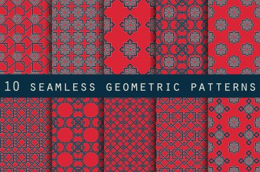 10 geometrik seamless modeli kümesi. Duvar kağıdı, çini, kumaşlar ve tasarımlar için şablon. Vektör.