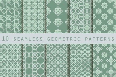 10 geometrik seamless modeli kümesi. Duvar kağıdı, çini, kumaşlar ve tasarımlar için şablon. Vektör.