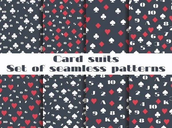 Conjunto de padrões sem costura com naipes de cartas de jogo. Cartões numéricos. Vetor . — Vetor de Stock