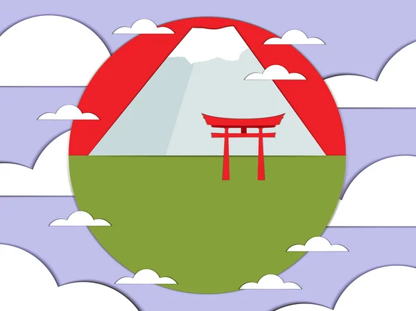 Japanese gate on a background of mountains. Vector illustration of paper. — Stock Vector