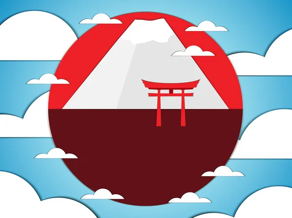 Japanese gate on a background of mountains. Vector illustration of paper. — Stock Vector