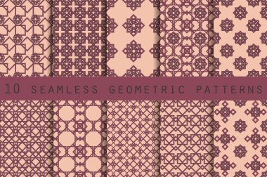 10 geometrik seamless modeli kümesi. Duvar kağıdı, çini, kumaşlar ve tasarımlar için şablon. Vektör.