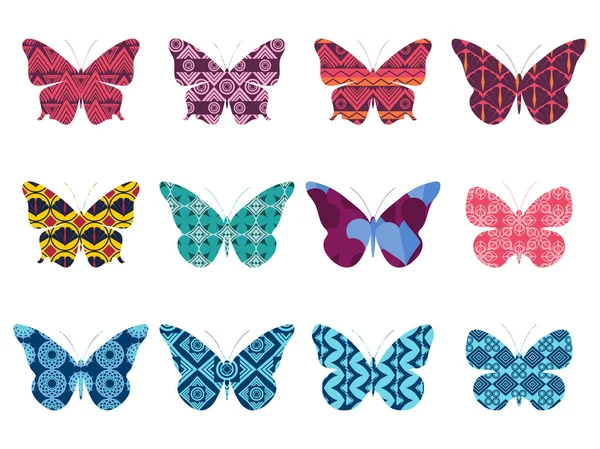 Πεταλούδες με μοτίβο σε λευκό φόντο. Συλλογή από πολύχρωμες πεταλούδες. Απεικόνιση διανυσματικών φορέων. — Διανυσματικό Αρχείο