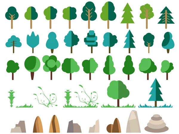 Flat trees, rocks, bushes and grass. Trees set in a flat design. Nature flat style. Vector icons. — Stock Vector