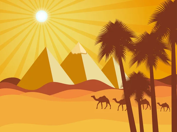 Pirámides egipcias en el desierto. Camellos en el desierto. Fondo vectorial. Ilustración . — Vector de stock