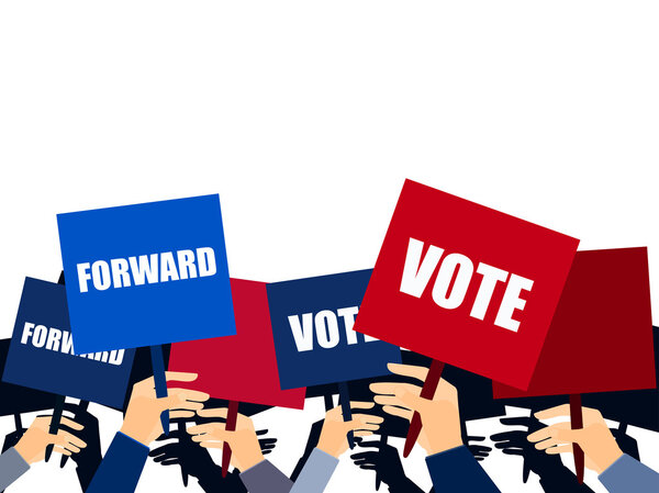Election campaign, election vote, election poster, holding posters, election banner, supporting team, voters support, people with placards. Vector.