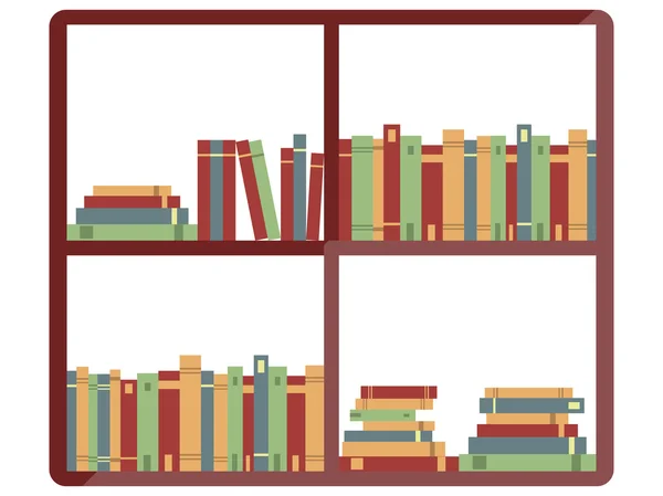 Estante con libros, librería, libros en estantes en la biblioteca, libros planos, Vector . — Vector de stock