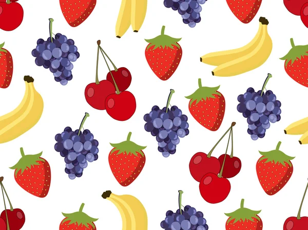 Conjunto de patrón sin costura con fruta. Patrón de plátanos, cerezas, fresas y uvas. Fondo vectorial . — Archivo Imágenes Vectoriales