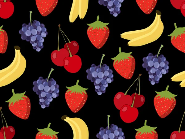 Conjunto de padrão sem costura com frutas. Padrão de bananas, cerejas, morangos e uvas. Fundo vetorial . — Vetor de Stock