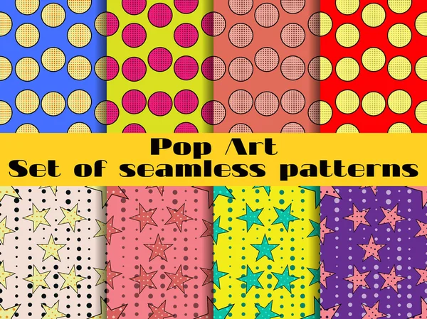 Set van naadloze patronen in een pop-art stijl. Naadloze patroon met sterretjes en zwarte cirkels. Vectorillustratie. — Stockvector