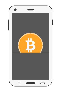 Bitcoin. Bitcoin mobil ödeme. Gerçekçi akıllı telefon. Vektör.
