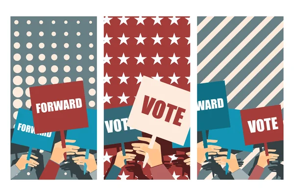 Valkampanj, val omröstning, valaffisch, innehav affischer, valbanner, stödjande team, väljare stöd, personer med plakat. Vektor. — Stock vektor