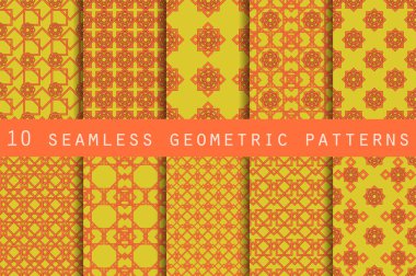 10 geometrik seamless modeli kümesi. Duvar kağıdı, çini, kumaşlar ve tasarımlar için şablon. Vektör.