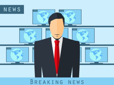 Anchorman masada oturuyor. Son dakika haberi, stüdyo muhabiri. Anchorman haber yayını. Haber spikeri.