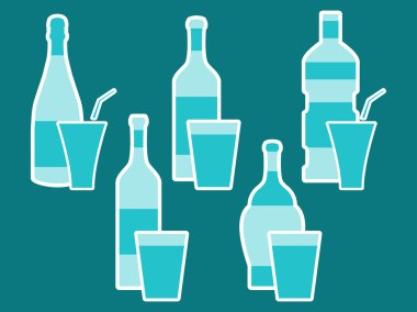 Şişe. Bir şişe su. İnme ile şişe, içme saman ile cam. Vektör çizimi.