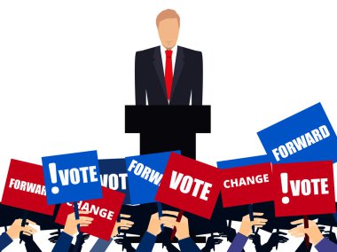 Candidate of party involved in debate. Presidential candidate. Election campaign. Speech from the rostrum. clipart