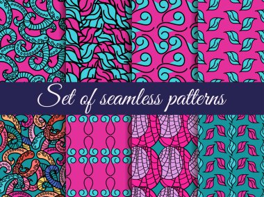 Kusursuz desenler el çizilmiş, sorunsuz arka planlar, elle çizilmiş karalamalar sorunsuz desen kümesi. Vektör çizimi.