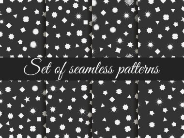 Dikişsiz geometrik desen. Geometrik kaos. Ambalaj kağıdı. Geometrik şekillerle kusursuz desen ayarlayın. Kareler, üçgenler, altıgenler ve yıldızlar.
