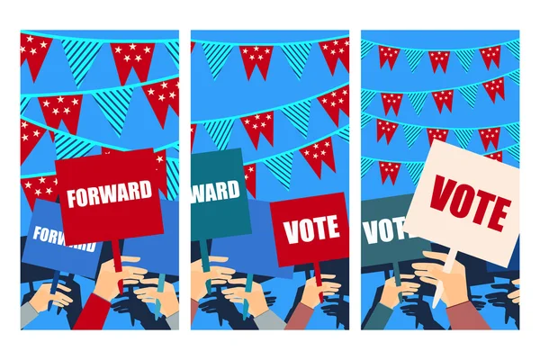 Election campaign, election vote, election poster, holding posters, election banner, supporting team, voters support, people with placards. Vector. — Stock Vector