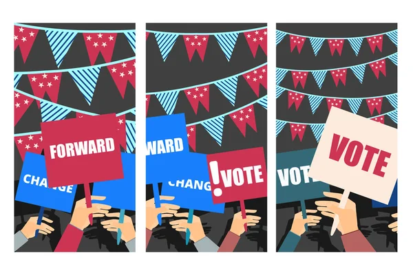 Verkiezingscampagne, verkiezingsuitslag, verkiezingsposter, affiches, verkiezings banner, ondersteunend team, kiezers ondersteuning, mensen met placards. Vector. — Stockvector