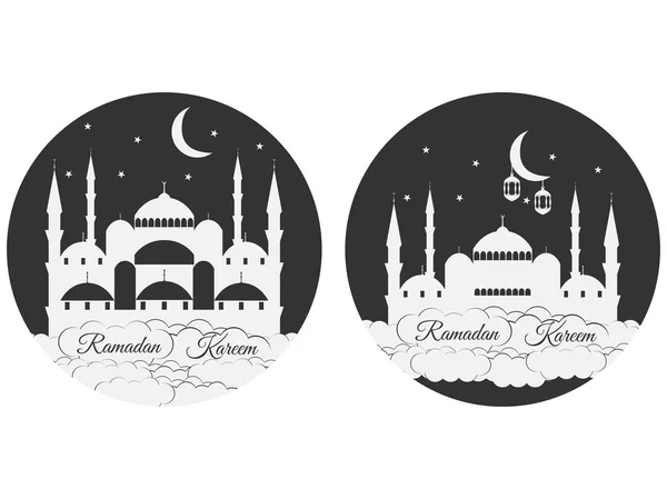 Емблеми для ісламського свята Рамадан. Рамадан Карім, Блакитна мечеть, мінарет, ліхтар і місяць, мусульманські вогні відпочинку. Встановити ізоляції банерів і логотипів. — стоковий вектор