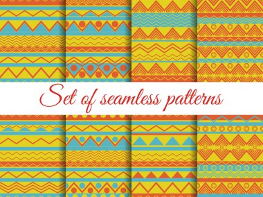 Etnik tarzda doku sorunsuz ayarlayın, kabile dikişsiz doku, hippi tarzı nda sorunsuz desen. Giysi, duvar kağıdı, yatak çarşafları, fayans, kumaş için desen. Vektör