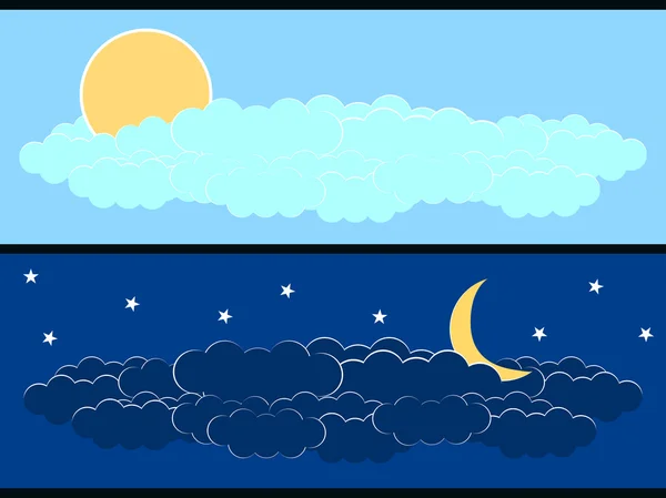 Slunce s mraky, měsíc a mraky. Bannery s denní doby. Den a noc. Vektor. — Stockový vektor