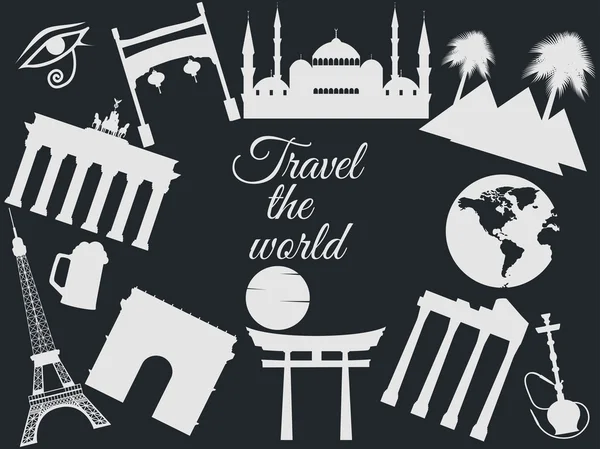 Viaje pelo mundo, marcos mundiais, viagens e turismo de fundo. Em todo o mundo . — Vetor de Stock
