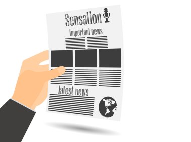 Gazete elinde. Gazete şablonu. Önemli haberler bir gazetede okundu. Vektör çizimi.