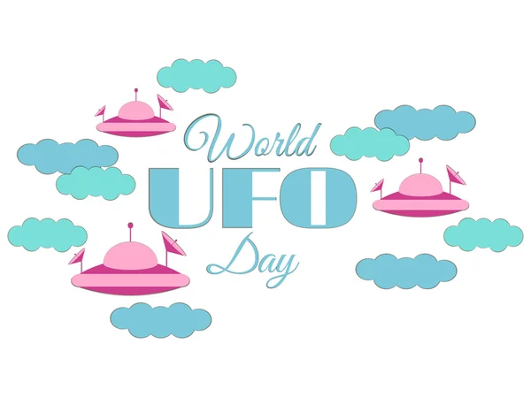 Giornata Mondiale degli UFO. Nuvole di carta e disco volante UFO tra le nuvole. Piattino volante. Illustrazione vettoriale icona UFO . — Vettoriale Stock