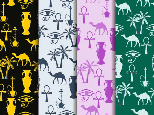 Egitto. Set di modelli senza soluzione di continuità. Modello con cammelli e palme, simboli dell'Egitto . — Vettoriale Stock