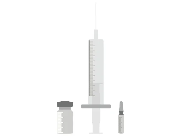 Seringa e frascos isolados sobre fundo branco. Vacina. Vetor . — Vetor de Stock