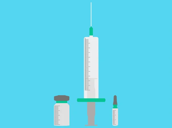 Syringe and vials isolated on blue background. Vaccine. Vector. — Stock Vector