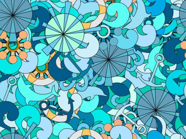 Deniz konulu seamless modeli. Çizilmiş karalamalar dalgalar ve nesneleri.