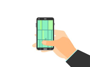 El tutma cep telefonu. GPS navigasyon, smartphone üzerinde etkin konum haritası. Vektör çizim.