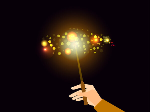 Hand holding a magic wand. Magic bright light with sparks. Vector illustration.