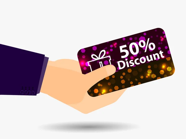 Coupon for a 50-percent discount in the hand. Gift card with bright sparks. Vector illustration. — Stock Vector