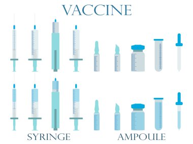 Syringe and vials. Syringe and ampules. Vaccine. Set icons in line style. Vector.