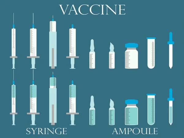 Syringe and vials. Syringe and ampules. Vaccine. Set icons in line style. Vector. — Stok Vektör